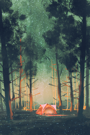 camping in forest at night with stars and fireflies,illustration,digital paintingの販売画像
