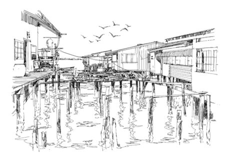 sketch of fishing village in summer, illustrationの写真素材