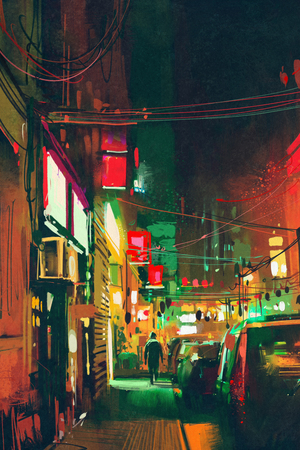 sidewalk in the city at night with colorful light,digital paintingの写真素材