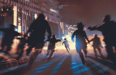 man running away from zombies in night city,illustration,digital paintingの写真素材