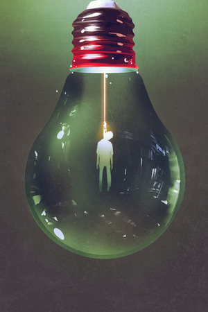 light bulb with the hanged man inside on dark background,illustration paintingの写真素材