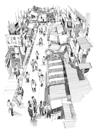 hand drawn sketch of people walking in market street,Illustration,drawingの写真素材