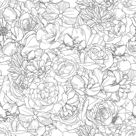 hand-drawn flowers seamless pattern,floral illustration endless backgroundの写真素材