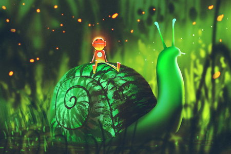 green snail with cute robot sits on its back against night forest,illustration paintingの写真素材
