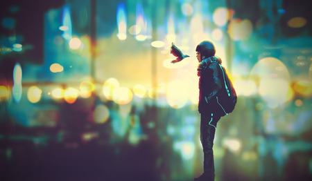 futuristic girl and a bird look each other in the eyes on night city background,illustration paintingの写真素材
