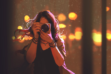 painting of woman with camera on night city background,illustrationの写真素材