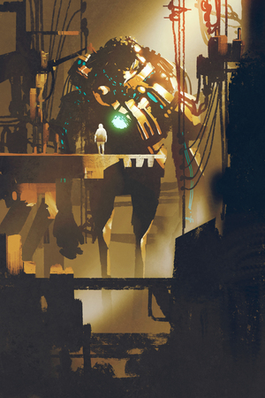 sci-fi scene of giant robot in old factory,illustration paintingの写真素材
