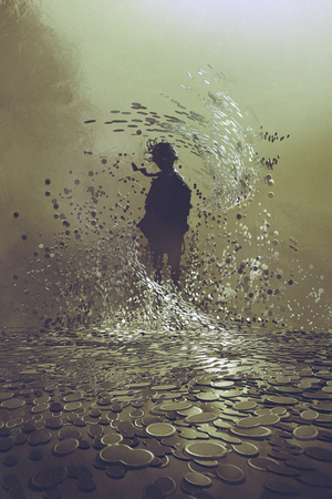 silhouette of man standing in storm of coins,a lot of money concept ,illustration paintingの写真素材