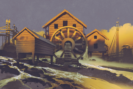 wooden house with a waterwheel on mountain rock at sunset,illustration paintingの写真素材