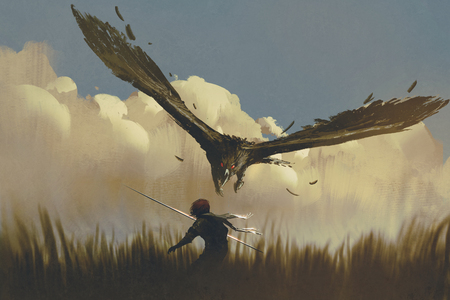 the big eagle attack the warrior from above in a field,illustration painting