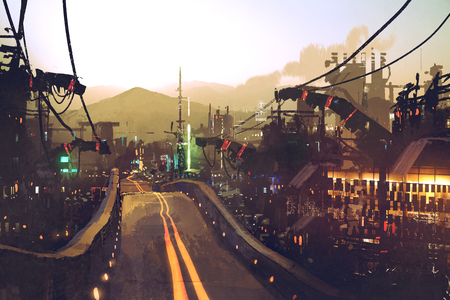 sci-fi scenery of highway street on futuristic city with structures and buildings at sunset,illustration paintingの写真素材