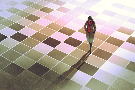 business woman standing on the floor with graphic pattern tiles,illustration paintingの写真素材