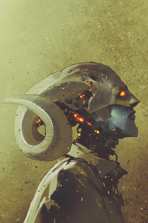 fantasy sci-fi character of human creature with curled horns,illustration paintingの写真素材