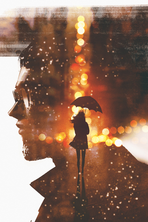 double exposure showing silhouette woman with umbrella in night city against a man head ,illustration paintingの写真素材