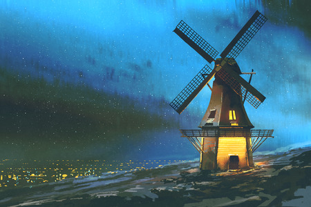 digital art of night scenery with the windmill on the mountain in winter, illustration paintingの写真素材