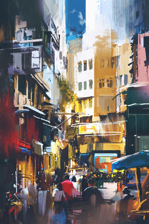 people walking in city street with digital art style, illustration paintingの写真素材