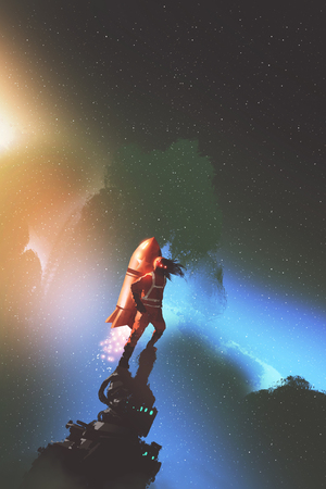 the spaceman with red jetpack rocket standing against starry sky, digital art style, illustration paintingの写真素材