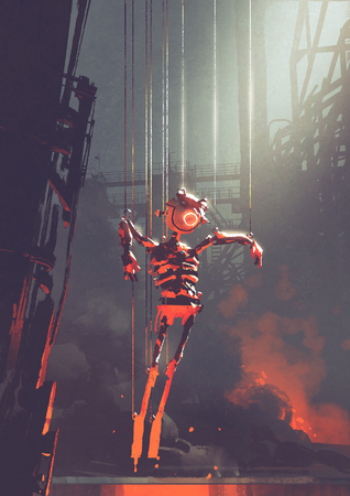 malfunctioning robot puppet hanging on strings in foundry, digital art style, illustration paintingの写真素材