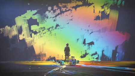 man paints colorful brush stroke in the air with magic brush, digital art style, illustration paintingの写真素材