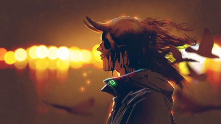 portrait of mysterious character with melting skull mask against bokeh background, digital art...