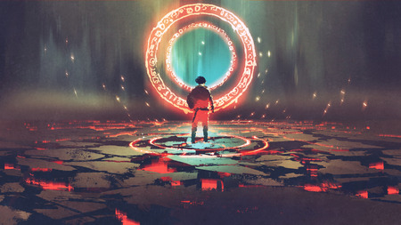 man standing in front of magic circle with red  light, digital art style, illustration painting