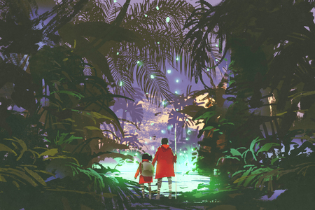 man and little girl looking at the glowing green swamp in fantasy forest, digital art style, illustration paintingの写真素材