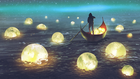 night scenery of a man rowing a boat among many glowing moons floating on the sea, digital art style, illustration paintingの写真素材