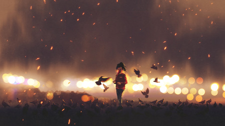 little girl with a mask feeding birds in evening time, digital art style, illustration paintingの写真素材