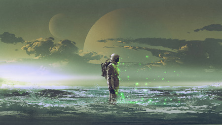the astronaut standing by the sea against background of the planet, digital art style, illustration paintingの写真素材