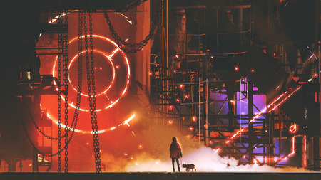 man looking at the futuristic factoryの写真素材