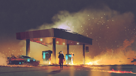 Futuristic man burning the gas stationの写真素材