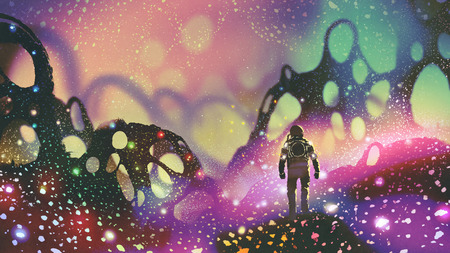 astronaut walking on the ground with glowing particles in alien planet, digital art style, illustration paintingの写真素材