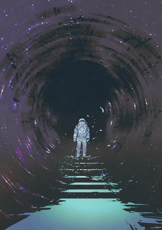 astronaut on light stairs looking a mystery black hole, digital art style, illustration paintingの写真素材