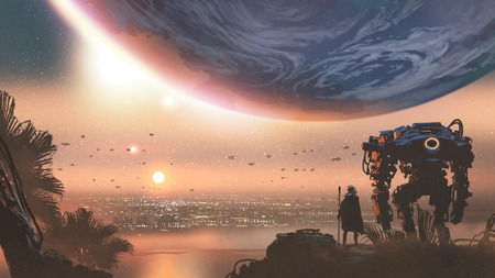 journey concept showing a man with robot looking at a new colony in the alien planet, digital art...
