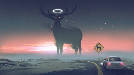Legendary creature concept showing a car running into animal zone