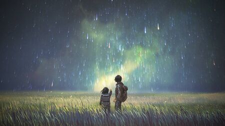 Brother and sister in a meadow looking at meteors in the sky, digital art style