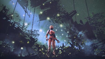 Fantastic scenery of the red robot standing alone in machinery graveyard
