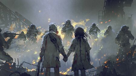 Lovers holding hands looking at soldiers in the rainy night