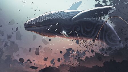 astronaut floating near the fantasy whale that jumping out of the rock, digital art style,...