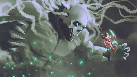 Red astronaut with light sword jumping into battle with the alien giant