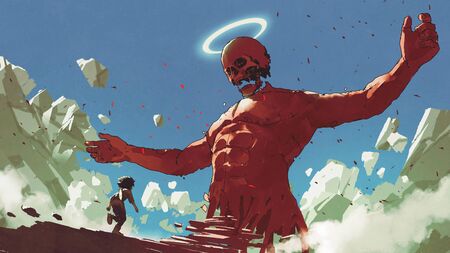 adventure boy running on steps to the giant statue, digital art style, illustration painting