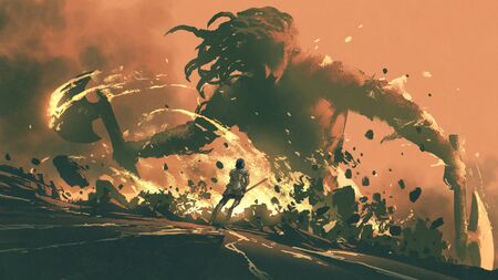 a medieval knight with his sword leapt into the fight against the giant, digital art style,...