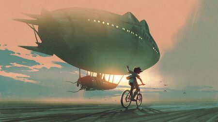 kid rides a bicycle waving good bye to the airship at sunset, digital art style, illustration paintingの写真素材