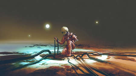 cyborg a torn arm sitting on the ground and charging the energy from power cables, digital art...