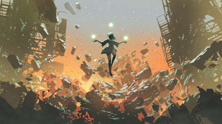 young girl with the magic balls floating above the ruined city, digital art style, illustration...