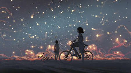 young couple look at mysterious light in the night sky, digital art style, illustration painting