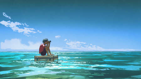 A boy with binoculars sits on a suitcase floating on the sea, digital art style, illustration...