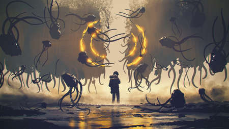 The man standing and looking at the split cliff amongst strange flying creatures, digital art style,...