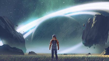 Sci-fi scene showing futuristic man standing in a field looking at the planet with giant rings,...