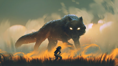 hunter with a bow facing a giant wolf in the fire meadow., digital art style, illustration painting